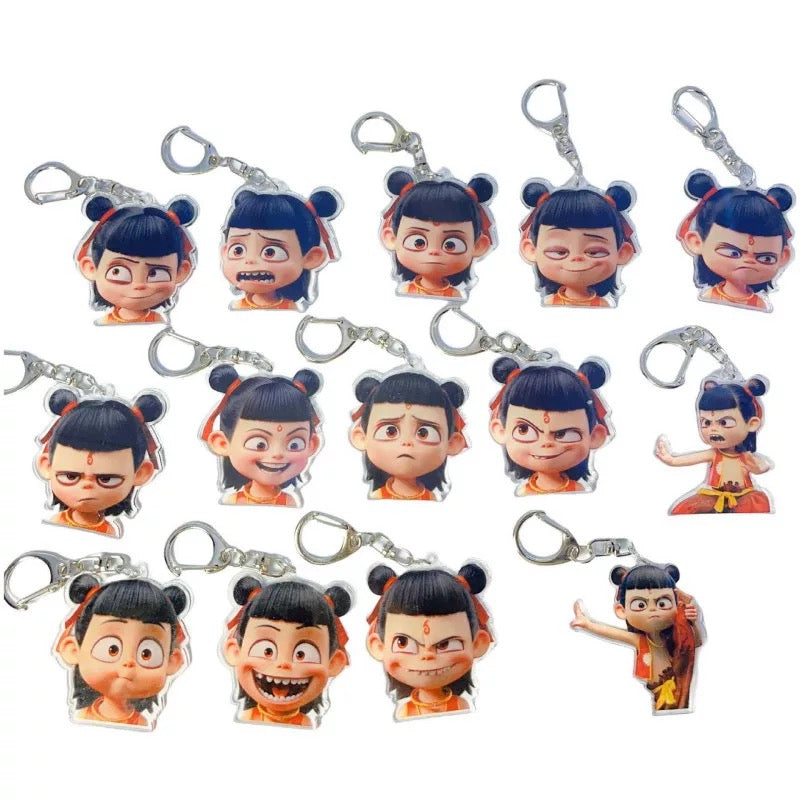 Handmade DIY Cartoon Nezha Genuine Leather Bag Charm Keychain Car Key Bag Pendant for Men Women Gift