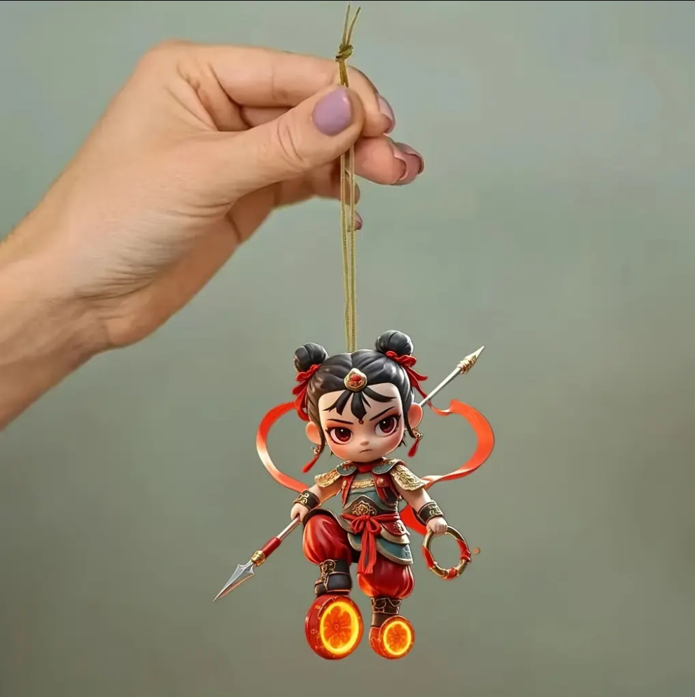 New Cute 3D PVC Plastic Anime Nezha Keychain Kawaii Aobing Car Key Ring with UV Printed Bag Hanging Resin Material for Kids