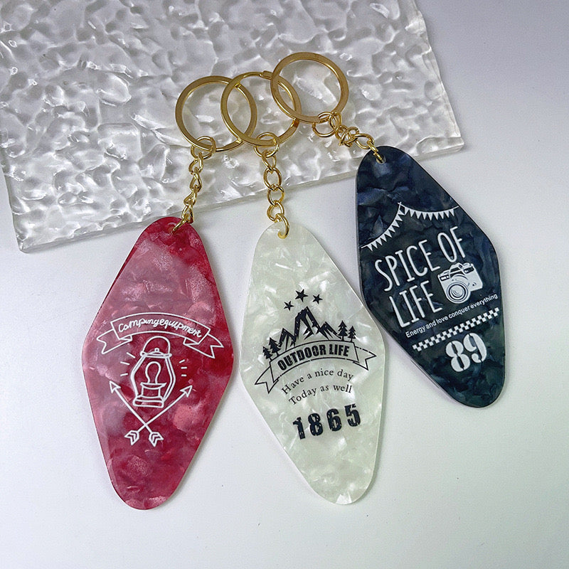 Blank Motel UV Printing Plastic Hot Stamp Key Chains Glitter Acrylic Motel Keychain Custom Design Keyring Hotel Keychains